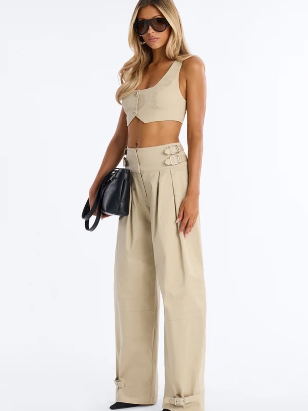 Fashion Nova Beige High-Waist Wide Leg Buckle Pant Set